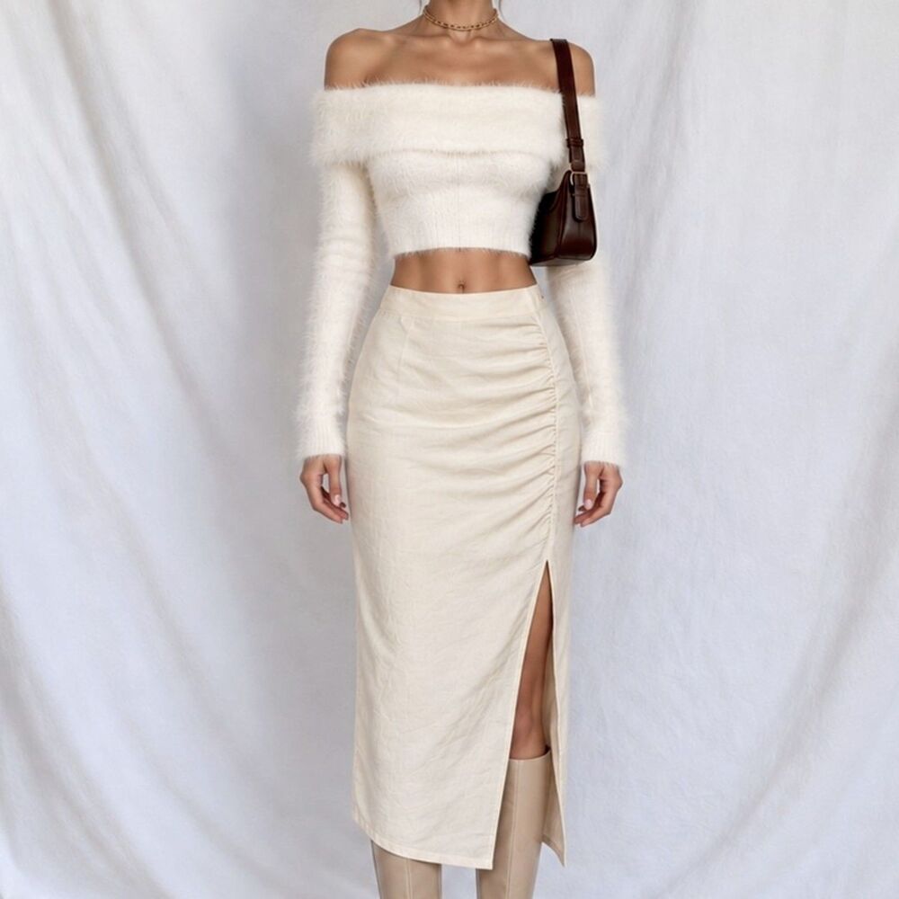 Mango Cream High Waisted Side Slit Knee Length Bodycon Pencil Skirt Size XS/S